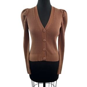 INDUSTRY Brown Cardigan Sweater Knit Ribbed V-Neck Puff Sleeve Size Medium M NEW